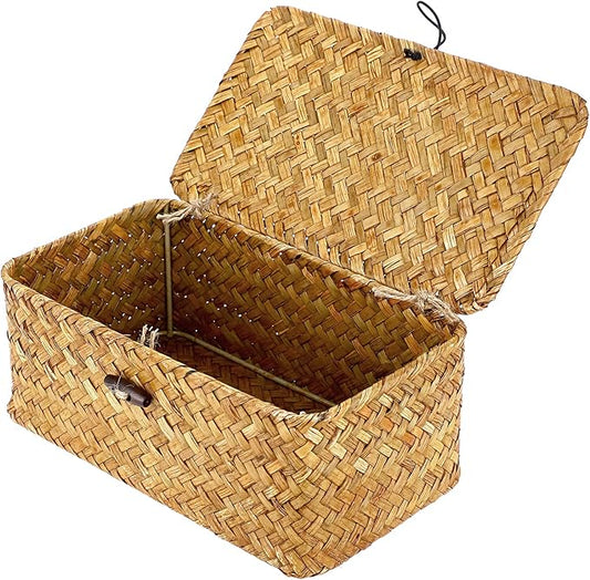 Hipiwe Wicker Shelf Baskets Bin with Lid, Handwoven Seagrass Basket Storage Bins Rectangular Household Basket Boxes for Shelf Wardrobe Home Organizer, Caramel X-Small