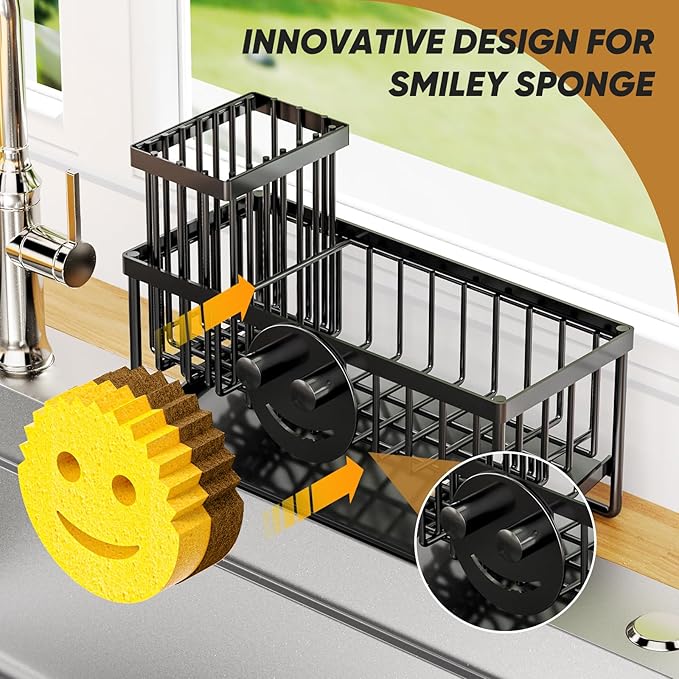 Sponge Holder for Kitchen Sink,Smiley Face Sink Caddy with Removable Brush Holder,Self-Draining Sponge Caddy for Steel Wool Scrubber,Soap,Dish Brush,Scrubber,Kitchen Essentials and Gadgets