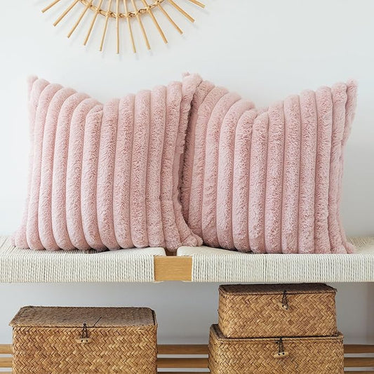 JOJUSIS Pack of 2 Faux Fur Plush Decorative Throw Pillow Covers Couch Cushion Case Soft Pillowcases (Pink, 16 x 16-Inch)