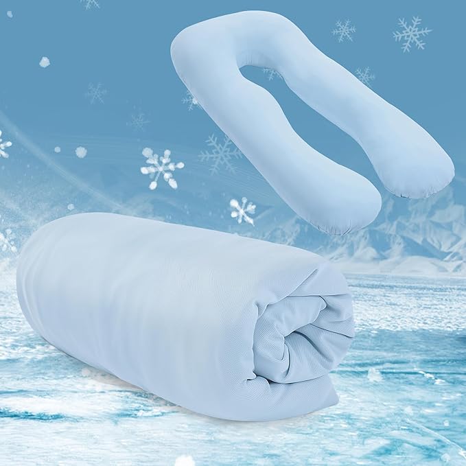 Cooling Pregnancy Pillow Cover (ONLY Pillowcase), Q-Max 0.4 U Shaped Luxurious Smooth Maternity Pillow Cover with Hidden Zip, Cool Large Pillow Protector for Side Hot Sleeper, Blue, 61x31 in