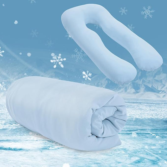 Cooling Pregnancy Pillow Cover (ONLY Pillowcase), Q-Max 0.4 U Shaped Luxurious Smooth Maternity Pillow Cover with Hidden Zip, Cool Large Pillow Protector for Side Hot Sleeper, Blue, 61x31 in