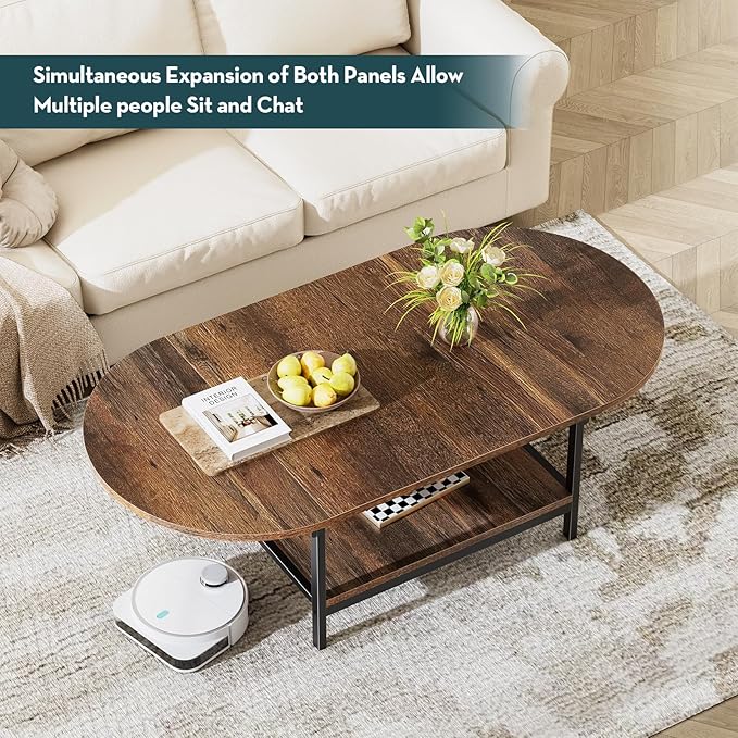 SAYGOER Coffee Table 2-Tier Small Folding Coffee Tables with Storage for Living Room Mid Century Center Table Vintage Extended Table with Two Foldable Panel for Large or Small Space, Rustic Brown