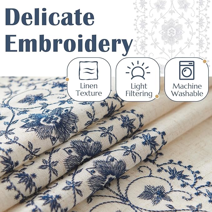 jinchan Boho Curtains for Bedroom Blue Vintage Floral Farmhouse Curtains 72 Inches Long Linen Blend Drapes for Living Room Embroidered Drapes Light Filtering Rod Pocket Blue on Beige 2 Panels