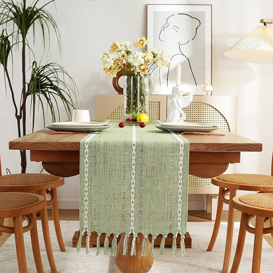 Rustic Farmhouse Style Linen Table Runner, Boho Handmade Tassel Embroidered Small Table Runners 48 Inches Long for Holiday Party, Christmas and Dining Decorations, 13 inchW X 48 inchL - Sage Green
