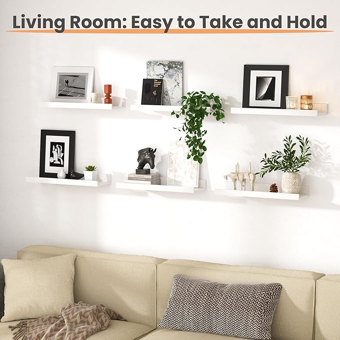 upsimples Floating Shelves for Wall, Wall Shelves for Decor Storage Set of 6, Wall Mounted Wood Shelves for Bedroom, Living Room, Bathroom, Kitchen, Picture Ledge Shelves, White