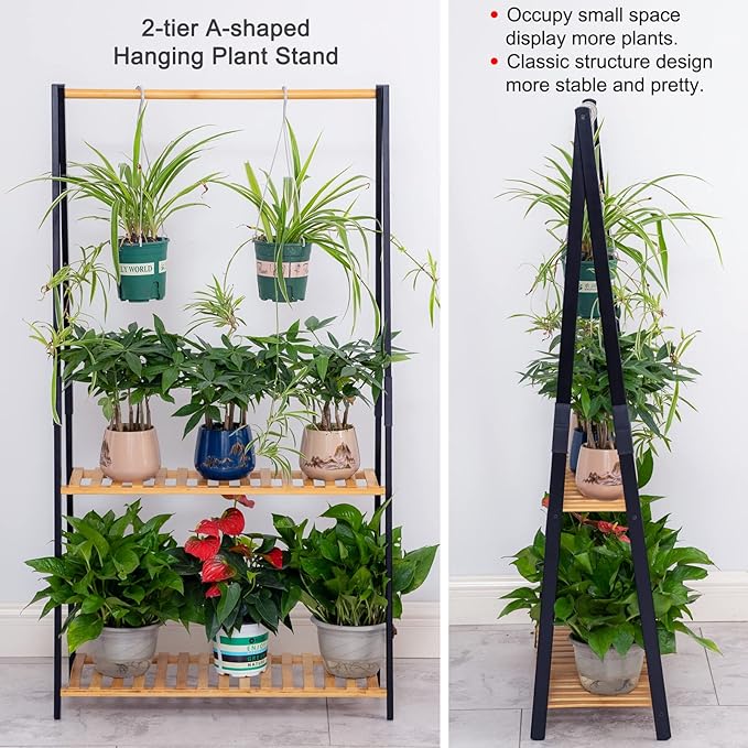 COPREE Bamboo 2-tier Hanging Plant Stand Planter Shelves Flower Pot Organizer Rack Multiple Flower Pot Display Holder Shelf Indoor Outdoor Heavy Duty Planter Shelving Unit