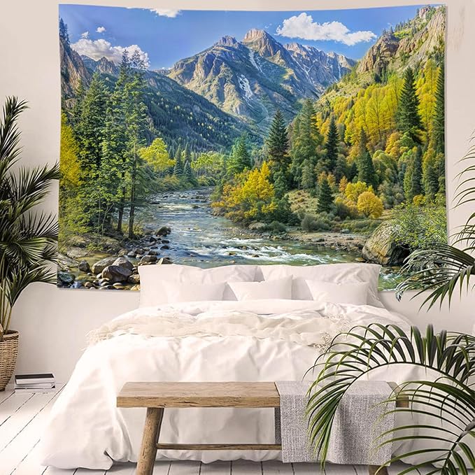 Kanuyee Mountain Tapestry Nature Landscape Wall Tapestry for Bedroom Mountain River Tapestries Aesthetic Living Room Decor Nature 44×60 Inches