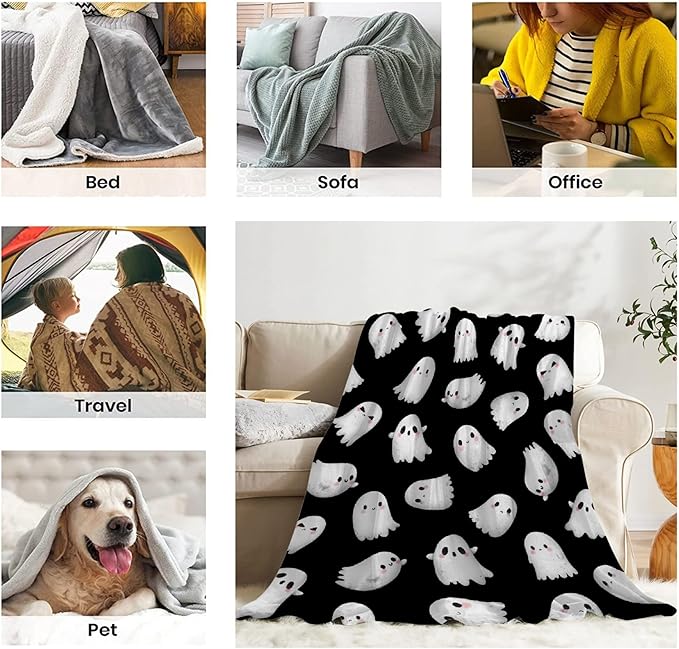 Cute Ghost Blanket for Boys Girls - Halloween Decor for Couch/Bed/Living Room - Ultra Soft Blanket Home Decor for All Seasons - 90"x120"-Familys/King Size