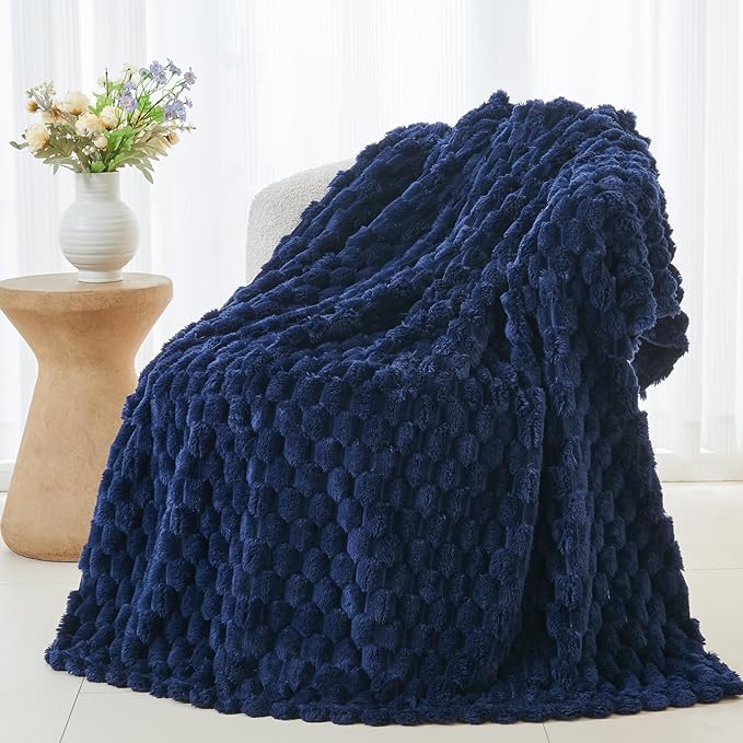 NEWCOSPLAY Super Soft Throw Blanket Dark Navy Premium Silky Flannel Fleece 3D Clouds Stylish Jacquard Lightweight Bed Blanket All Season Use 350GSM (Dark Navy, Throw(50"x60"))