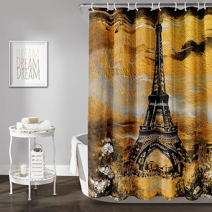 AILONEN Eiffel Tower Shower Curtain,Afterglow Tower Bathroom Fabric Shower Curtain for Boys Kids Teens, 72" W*78" H Vintage Orange & Black Style Paris Tower Bathroom Decor