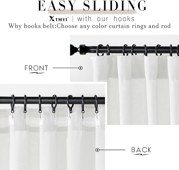 White Linen Curtains 102 Inches Long 2 Panels Back Tab Hook Pleated Rod Pocket Cotton Polyester Blend Light Filtering Semi Sheer Curtain Drapes for Bedroom Living Room,Total 100 In Wide 8.5FT Length