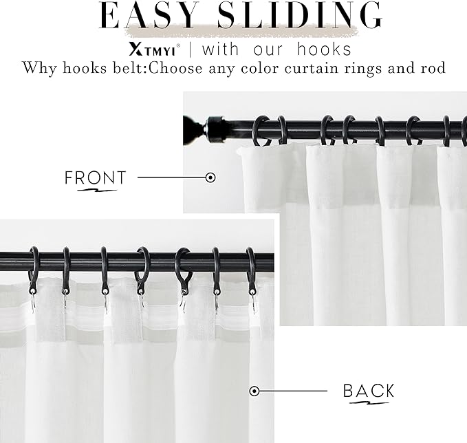 XTMYI 86 Inches Long Back Tab/Hook Belt Linen Cotton Sheer Curtains for Bedroom Living Room,2 Panels,40 Inch Wide,White