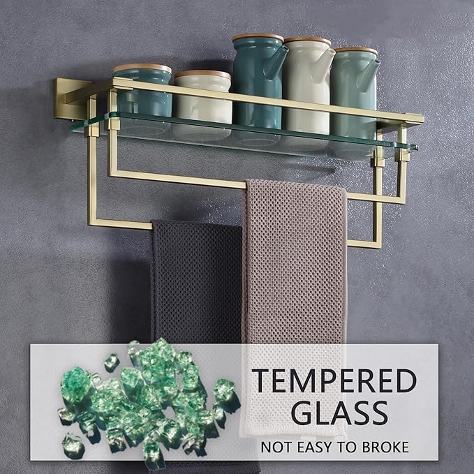 Bathroom Glass Shelf with Towel Bars 20-Inch Floating Tempered Glass Shelves with 2 Towel Rails Brushed Gold Cologne Shelf for Men Shower Bath Storage Glass Rack Wall Mount Heavy Duty，A7617BG