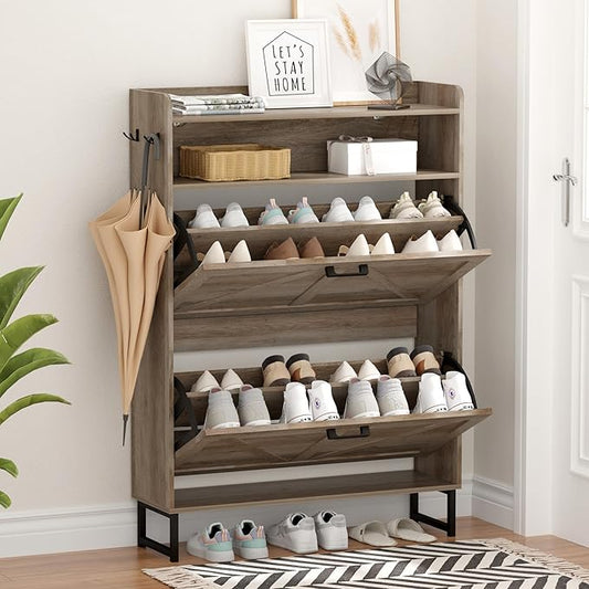 Shoe Cabinet with 2 Flip Drawers, Freestanding Hidden Shoe Storage Organizer for Entryway, Narrow Slim Shoe Rack Cabinet with Open Storage & Hooks for Front Door Entrance, Living Room, Hallway, Grey