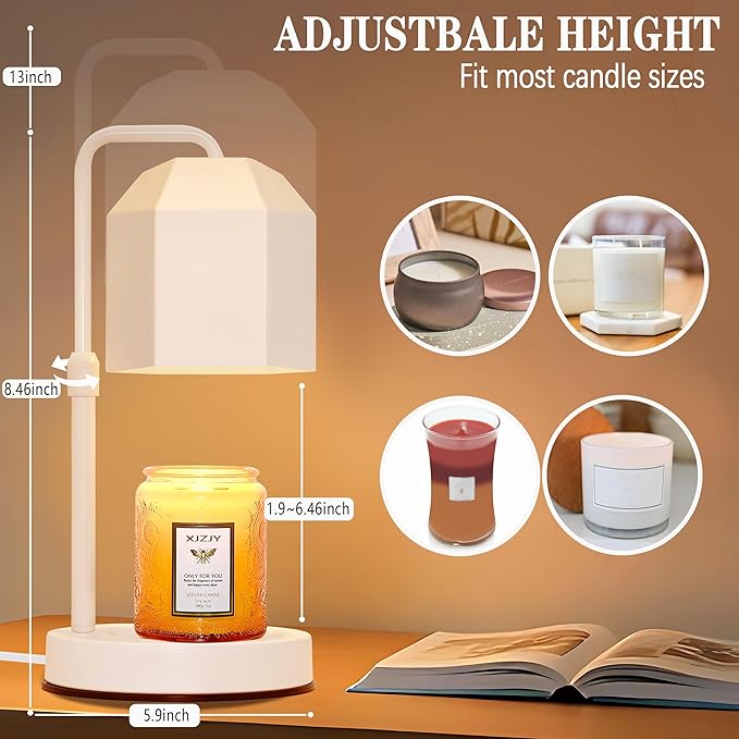 Candle Warmer Lamp with Timer Dimmer, Adjustable Height Wax Warmer, Candle lamp for Scented Wax Jar Candles, White Metal