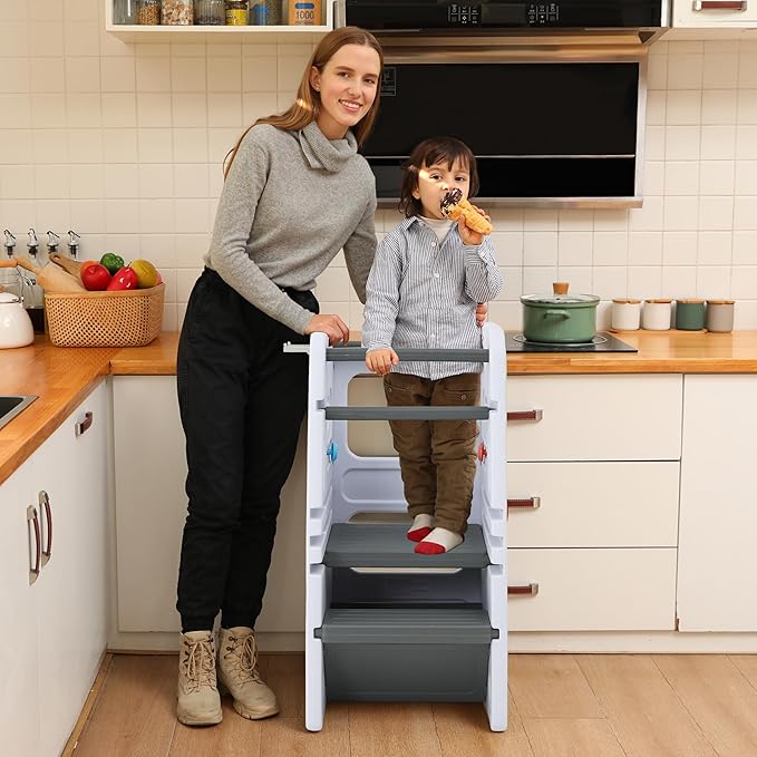 SDADI Multifunctional Toddler Tower with Double Safety Rails - Adjustable & Non-Slip for Kitchen and Bathroom Use - Montessori Step Stool for Kids, White and Dark Gray