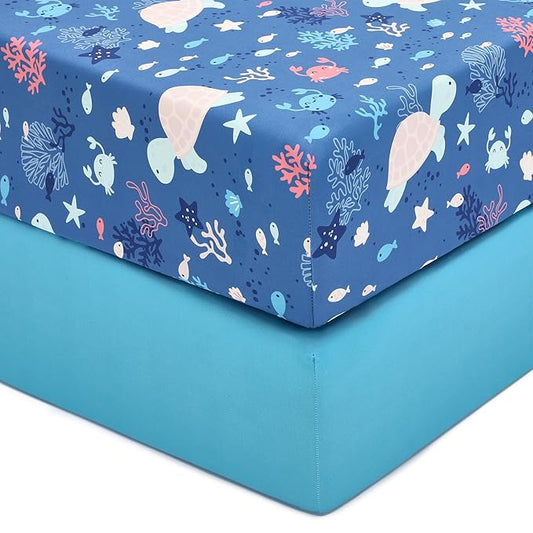 TILLYOU Baby Crib Sheets for Boys Girls, Fitted Crib Sheet 2 Pack for Standard Crib and Toddler Mattresses, Super Soft Toddler Bed Sheets, 28"x52"x8",Beach Time Turtle&Lake Blue