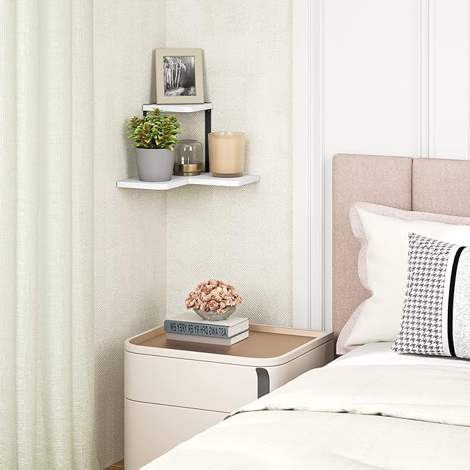 SRIWATANA Corner Shelf, Rustic Wood Wall Shelf Wall Mounted for Bedroom, Living Room, Kitchen, White