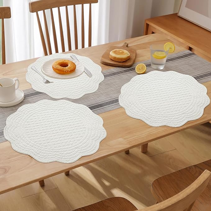 HOMBYS Quilted Placemats Set of 6 Washable Round Placemats for Kitchen Table-100% Cotton Fabric 15 Inch Round Table Mats, Cotton Fabric with Microfiber Filling, (15"x15", Cream White)