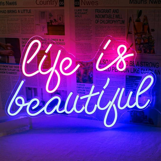 Life is Beautiful Neon Signs for Wall Decor, Letter Neon Lights for Bedroom, Led Sign with USB Powered for Livingroom, Wall Hanging Decor, Windows (blue&pink)