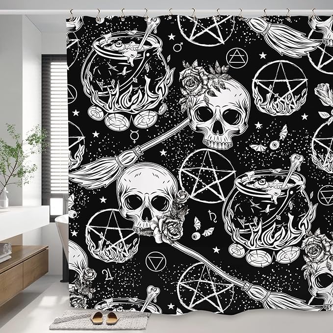 Skull Witch Halloween Shower Curtain 60Wx72L Inch Horror Spooky Scary Magical Mysterious Gothic Black White Holiday Bathroom Set Accessories Decor with 12 Pack Hooks