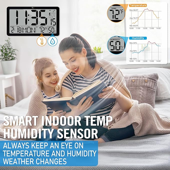 TXL Atomic Wall Clock with Backlight, Battery Operated Digital Wall Clock with Temperature, Humidity and Date, Large Display, Auto DST, 6 Time Zone(Black)
