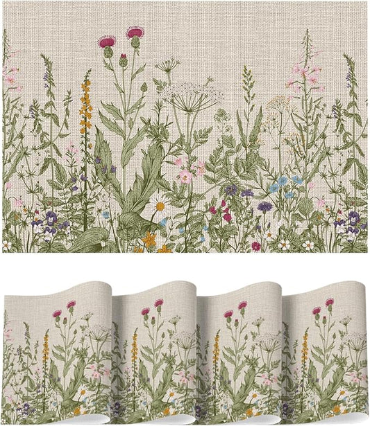 Artoid Mode Wildflower Vinyl Placemats Set of 4, Washable Non-Slip Plastic PVC Table Mats for Spring Party Kitchen Dining Decor, 12x18 Inch