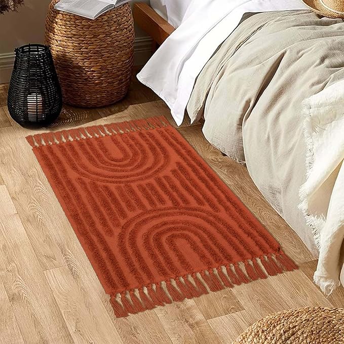 LEEVNA Washable Bathroom Rugs 2'x3', Hand-Woven Kitchen Rug with Tessal, Terracotta Bedroom Throw Rugs, Boho Tufted Rainbow Rugs, Farmhouse Indoor Door Mat for Entryway/Porch/Back Door