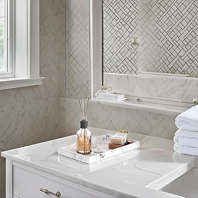 Creative Scents White Marble Tray for Bathroom - Decorative Bathroom Tray Countertop - Small Rectangle Perfume Vanity Trays for Bathroom - Marble Bathroom Accessories