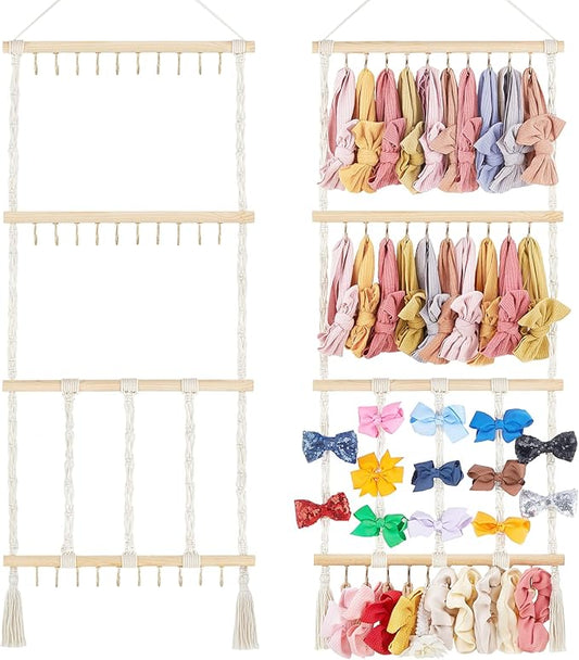 Dahey Headband Holder Bow Hanger for Girls Hair Bows, Macrame Headbands Hair Accessories Hanger Necklace Display with 30 Hooks Wall Hanging Over Door Organizer Boho Nursery Decor for Baby's Room