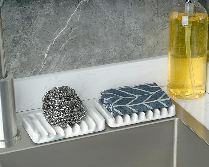 Ceramic Soap Dish for Sink,Self Draining Soap Dishes Saver for Shower Bar Soap Holder for Bathroom Soap Container Holder Dish for Kitchen,Marble Decor,White