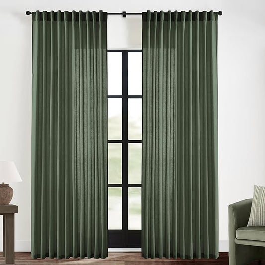 XTMYI Back Tab/Hook Belt Linen Cotton Sheer Curtains for Bedroom Living Room,70 Inch Wide,90 Inch Length 2 Panels,Olive Green