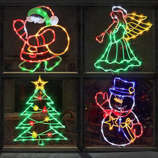Christmas Decorations - 16" Christmas Window Silhouette Lights - 4 Pack Colour Lighted Santa & Angel & Snowman & Christmas Tree for Holiday Indoor and Outdoor Wall Door Window Decorate