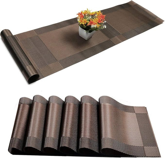 Placemats with Table Runner Sets Place Mats, Woven Crossweave Vinyl Kitchen Tablemat, Washable PVC Mats for Dining Table, Parties, Farmhouse, Thanksgiving, Christmas & Gathering (Brown)