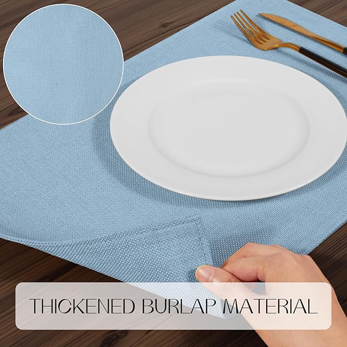 Romanstile Cloth Placemats Set of 6-12 x 18 Inch, Heat Resistant Double Layered Thickened Burlap Place Mats, Washable Faux Linen Farmhouse Table Mats for Kitchen/Dining/Party/Outdoor, Blue