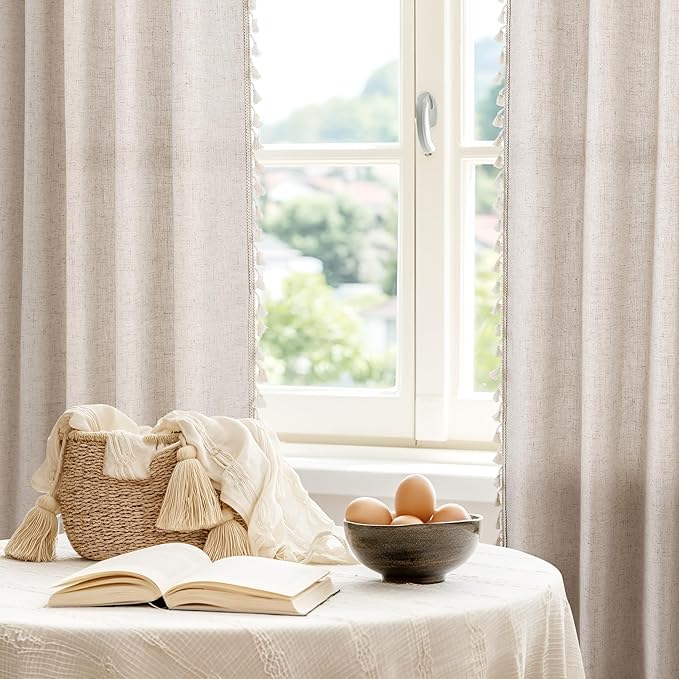 Apricot Boho Curtains 96 Inches Long 2 Pannels for Bedroom Linen Blend Textured Semi Sheer Light Filtering Pivacy Window Curtains Back Tab Rustic Farmhouse Curtain for Living Room 38x96