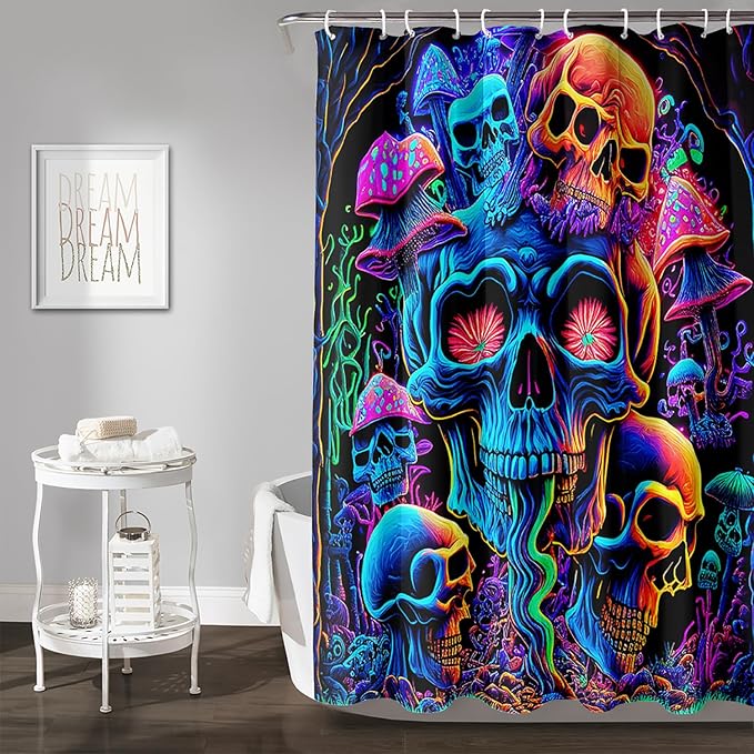 AILONEN Mushroom Skull Shower Curtain for Bathroom,Purple Mushroom Skull Bath Curtain,Fantasy Fairy Skull Skeleton Decoration Bathroom Waterproof Shower Curtain with 12 Plastic Hooks, 72" W*84" H