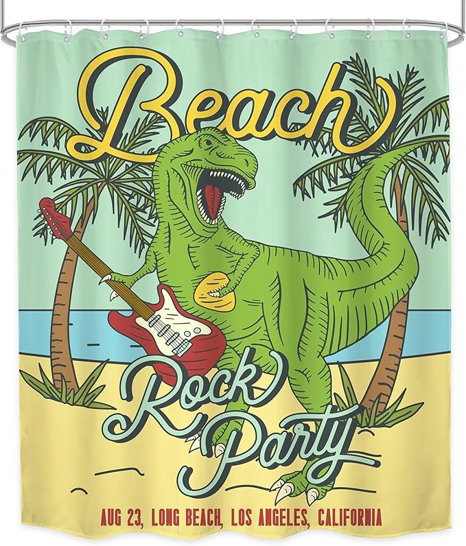 LGhtyro Funny Dinosaur Kids Shower Curtain Bathroom Set 60Wx71H Inches Beach Green Cartoon Dino Trex Animal Raptor Play Guitar Bath Accessories Tropical Palm Tree Art Home Decor Fabric 12 Pack Hooks