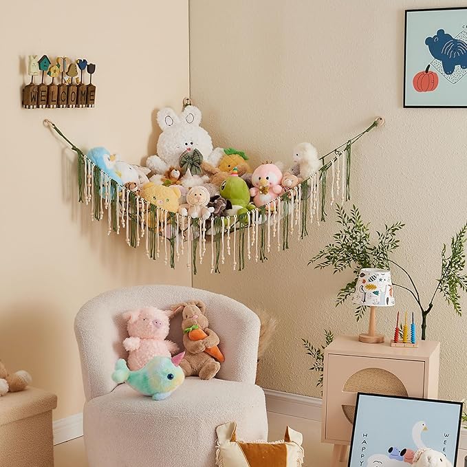 Pretty Jolly Stuffed Animal Storage Hammock with Wooden Beads Corner Hanging Net Boho Tassel for Toy Plush Holder for Kid Room Nursery Decor Wall Display Organizer for Girls Boy Gift(Avocado Green)