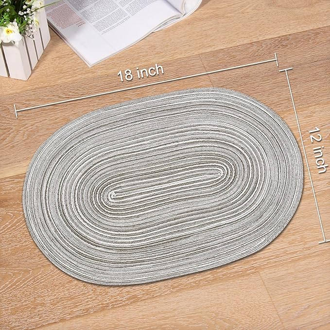 Noctiflorous Oval Braided Placemats Set of 6 Woven 12x18 Inch Non Slip Washable Heat Resistant Place Mats Round Tablemats for Dining Kitchen Party Daily Table Decor Dinner Mats (08 Grey, 6)