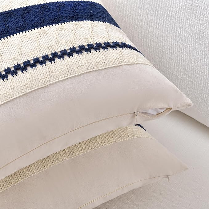 Fancy Homi Set of 2 Navy Blue Decorative Throw Pillow Covers 16x16 Inch for Couch Bed Sofa Living Room Office, Aesthetic Modern Organic Farmhouse Home Decor, Soft Cotton Woven Textured Cushion Case