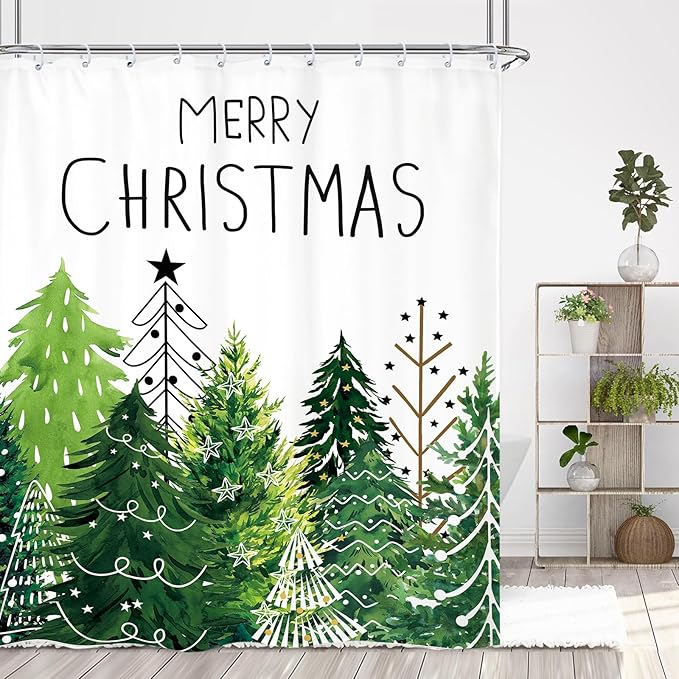 Christmas Tree Forest Shower Curtain 72Wx72L Inch Xmas Winter Pine Holiday Seasonal Green Bathroom Set Accessories Decor Polyester Waterproof with 12 Pack Hooks