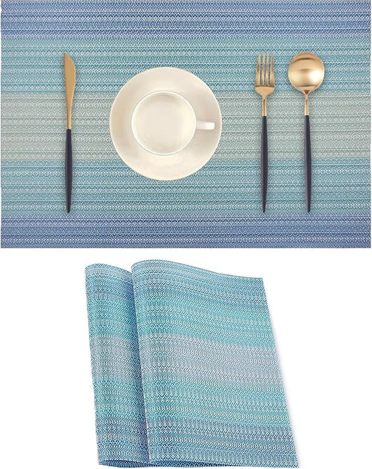 Blue Placemats Set of 2 - Heat Resistant Non-Slip Place mats for Dining Table, Washable Durable PVC Vinyl Woven Table Mats (Blue, 2)