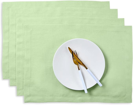 Solino Home Linen Cloth Placemats Set of 4-100% Pure Linen Pastel Green Placemats 14 x 19 Inch for Summer - Fete