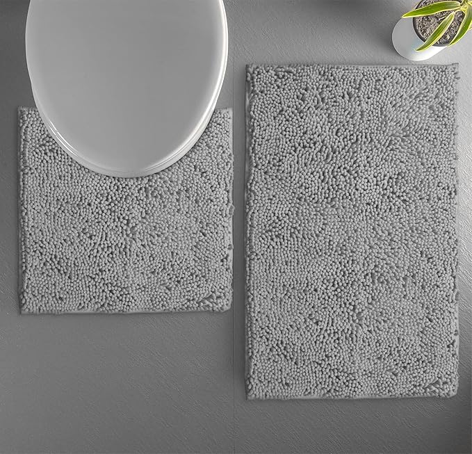 LuxUrux Soft Chenille Area Rug Set, 2 Piece Sets, U-Shape Contoured Toilet Base Mat & 31x20 Mat, Absorbent Washable Mats, Microfiber Dries Quickly, Bath Rugs for Tub, Light Grey.
