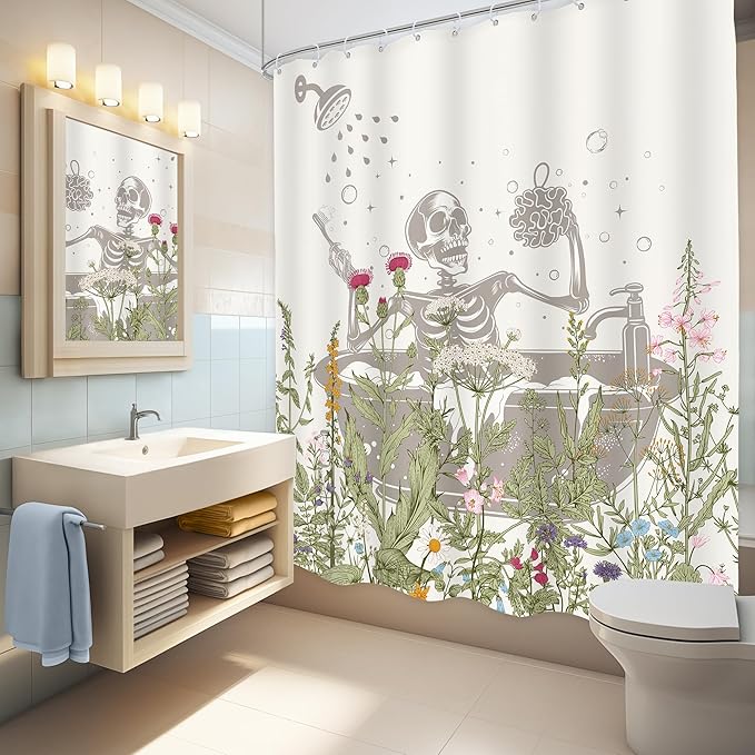 LGhtyro Funny Skull Halloween Wildflower Shower Curtain Bathroom Set 60Wx71H Inches Gothic Skeleton Floral Rustic Leaves in Bathtub Bath Accessories Spooky Cool Art Home Decor Fabric 12 Pack Hooks