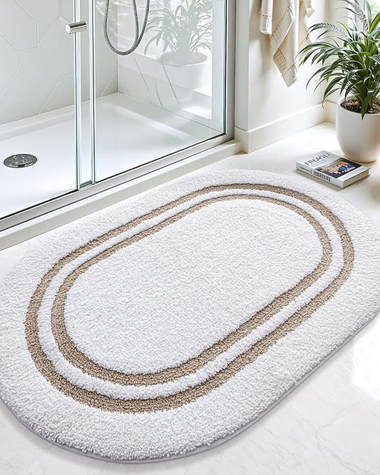 DEXI Oval Bath Mats for Bathroom, 17x30 Absorbent Bath Mat, Washable Microfiber Bathroom Rug with Non Slip Backing for Shower Floor, Beige