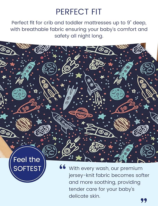TotAha Premium Stretchy Space Crib Sheets (2-Pack)-Hypoallergenic, Silky Comfort, Buttery Soft, Calming Effect, All-Season Jersey-Knit Sheets, 9'' Extra Deep Pocket