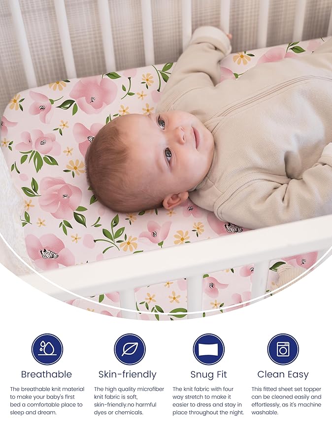 Graco Pack and Play Sheets Fitted, TotAha Buttery Soft Mini Crib Sheets Girl, Floral Pack N Play Mattress Sheets Hypoallergenic, Premium Jersey Playrad Sheets, Meredith Allover & Pale Pink, 2 Pack