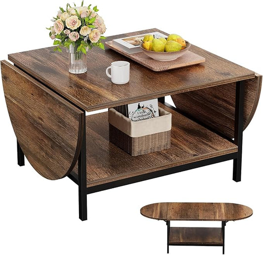 SAYGOER Coffee Table 2-Tier Small Folding Coffee Tables with Storage for Living Room Mid Century Center Table Vintage Extended Table with Two Foldable Panel for Large or Small Space, Rustic Brown